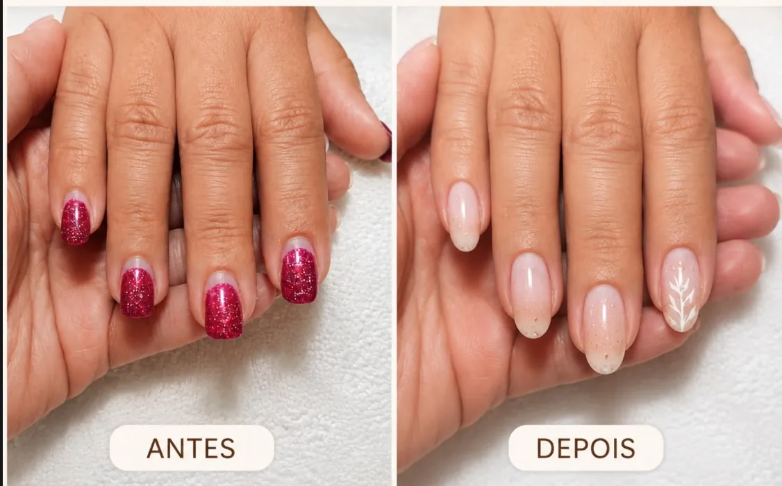 Antes e depois de manutenção de unhas em gel, nova cor vibrante