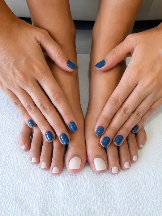 Manicure e pedicure combinados em azul petróleo